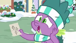 Size: 1920x1080 | Tagged: best gift ever, christmas, christmas lights, clothes, cutie mark, derpibooru import, dragon, hat, holiday, implied rarity, paper, rarity's cutie mark, safe, scarf, screencap, shocked, snow, solo, spike, winged spike, winter, winter outfit
