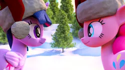 Size: 1920x1080 | Tagged: safe, artist:marcelexe, derpibooru import, pinkie pie, twilight sparkle, twilight sparkle (alicorn), alicorn, pony, 3d, christmas, hat, holiday, santa hat, snow, tree