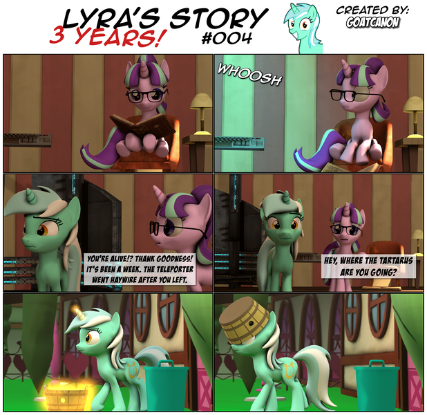 Size: 3929x3816 | Tagged: 3d, artist:goatcanon, bucket, comic, comic:lyra's story, derpibooru import, dialogue, duo, glasses, lyra heartstrings, safe, source filmmaker, starlight glimmer, teleportation