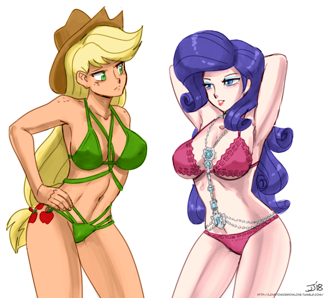 Size: 1200x1103 | Tagged: adorasexy, applejack, applejack's hat, arm behind head, armpits, artist:johnjoseco, ask gaming princess luna, belly button, bikini, bikini babe, breasts, busty applejack, busty rarity, clothes, colored, color edit, colorist:lanceomikron, cowboy hat, cute, cutie mark on human, derpibooru import, duo, duo female, edit, erect nipples, female, females only, frilled swimsuit, green swimsuit, hand on hip, hat, human, humanized, jeweled swimsuit, multi-strap swimsuit, nipple outline, pink swimsuit, rarity, sexy, simple background, stetson, suggestive, swimsuit, white background
