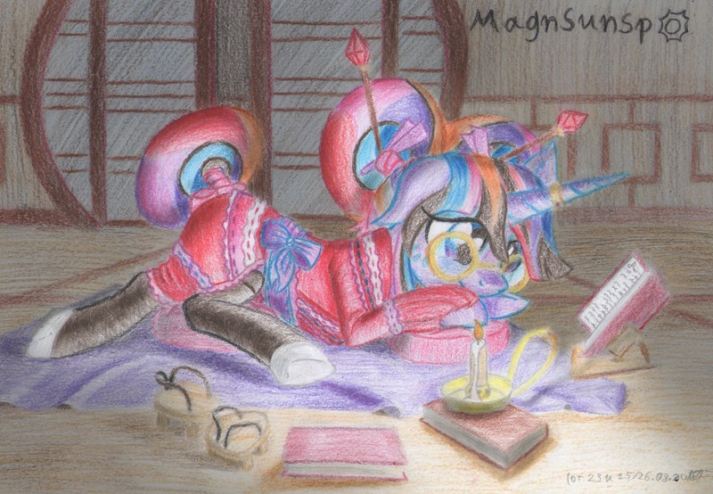 Size: 2855x1978 | Tagged: safe, artist:magnifsunspiration, derpibooru import, oc, oc:orchidea berries-miyake, unofficial characters only, pony, unicorn, book, candle, clothes, female, glasses, high res, kimono (clothing), mare, solo, traditional art