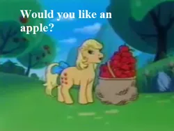 Size: 416x312 | Tagged: safe, derpibooru import, edit, edited screencap, screencap, applejack (g1), rescue at midnight castle, apple, apple tree, bag, bow, bronybait, cropped, dialogue, food, g1, looking at you, solo, tail bow, tree