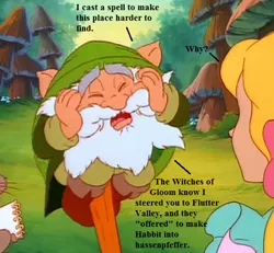 Size: 572x528 | Tagged: cropped, derpibooru import, dialogue, edit, edited screencap, g1, habbit, implied threat, implied witches of gloom, megan williams, mr moochick, mushroom, my little pony: the movie (g1), notepad, safe, screencap