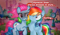 Size: 1400x825 | Tagged: artist:doraeartdreams-aspy, castle, darling, derpibooru import, g3, g3 to g4, generational ponidox, generation leap, menacing, ponyville, ponyville (g3), rainbow dash, rainbow dash always dresses in style, rainbow dash (g3), safe, text