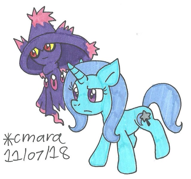 Size: 893x838 | Tagged: safe, artist:cmara, derpibooru import, trixie, mismagius, pony, unicorn, ghost type pokémon, pokémon, pokémon diamond and pearl, second stage pokémon, sinnoh pokémon, traditional art