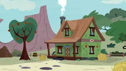 Size: 1440x810 | Tagged: safe, derpibooru import, screencap, appleoosa's most wanted, apple, apple tree, braeburn's house, house, no pony, smoke, tree