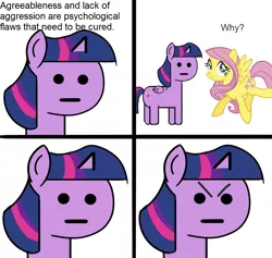 Size: 1069x1015 | Tagged: safe, anonymous editor, artist:colochenni, derpibooru import, edit, fluttershy, twilight sparkle, twilight sparkle (alicorn), alicorn, pegasus, pony, :|, angry, comic, dank memes, duo, female, frown, glare, mare, npc, npc meme, open mouth, raised leg, simple background, smiling, spread wings, stock vector, stylistic suck, white background, wings