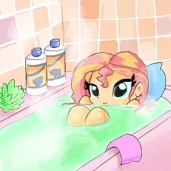 Size: 1280x1280 | Tagged: safe, artist:tjpones, derpibooru import, sunset shimmer, equestria girls, bath, bathing, bathtub, cute, female, implied nudity, knees, knees pressed together, mane 'n tail, relaxing, shampoo, shimmerbetes, smiling, solo, water