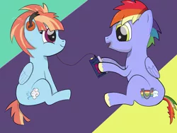 Size: 1350x1013 | Tagged: artist:augjodo, bow hothoof, colored, couple, derpibooru import, digital art, duo, headphones, music notes, rainbow dash's parents, safe, sitting, technology, windy whistles