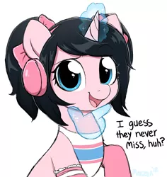 Size: 4275x4537 | Tagged: safe, artist:moozua, derpibooru import, oc, ponified, unofficial characters only, pony, unicorn, absurd resolution, bow, clothes, cute, female, hair bow, hand, headphones, hit or miss, love live! school idol project, magic, magic aura, magic hands, mare, meme, nico yazawa, pigtails, shirt, simple background, solo, tik tok, twintails, white background