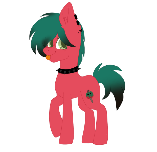 Size: 1942x1876 | Tagged: safe, artist:shinystarrs, derpibooru import, oc, oc:sour apple (ice1517), unofficial characters only, earth pony, pony, choker, commission, ear piercing, earring, female, freckles, jewelry, mare, piercing, raised hoof, simple background, solo, spiked choker, tongue out, transparent background, ych result