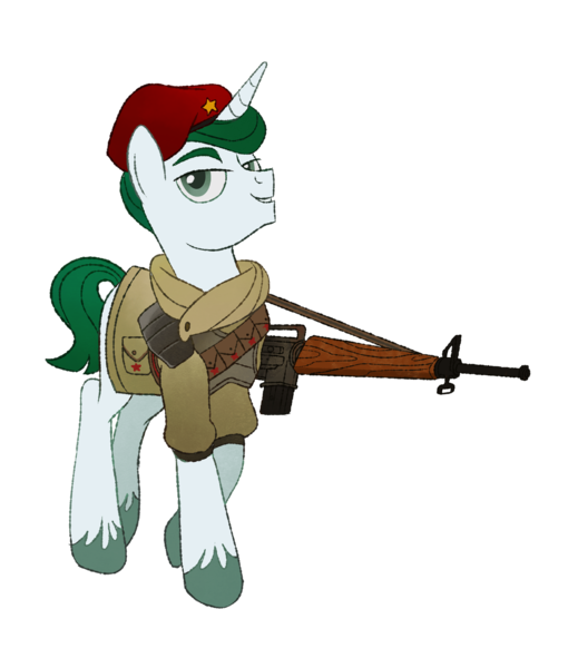 Size: 1627x1913 | Tagged: safe, artist:mellowhen, derpibooru import, oc, oc:alabaster (fallout equestria: red 36), unofficial characters only, pony, unicorn, fallout equestria, fallout equestria: red 36, bandolier, beret, fanfic art, gun, hat, lidded eyes, male, ncr, new canterlot army, new canterlot republic, rifle, simple background, solo, transparent background, weapon