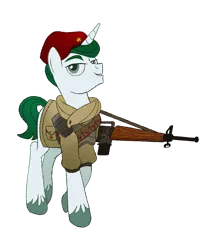 Size: 1627x1913 | Tagged: safe, artist:mellowhen, derpibooru import, oc, oc:alabaster (fallout equestria: red 36), unofficial characters only, pony, unicorn, fallout equestria, fallout equestria: red 36, bandolier, beret, fanfic art, gun, hat, lidded eyes, male, ncr, new canterlot army, new canterlot republic, rifle, simple background, solo, transparent background, weapon