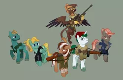 Size: 4810x3112 | Tagged: safe, artist:mellowhen, derpibooru import, oc, oc:airworthy, oc:alabaster (fallout equestria: red 36), oc:gabriela hawkins, oc:hotshot, oc:roulette, oc:sunny hymn, unofficial characters only, earth pony, gryphon, pegasus, pony, unicorn, fallout equestria, fallout equestria: red 36, clothes, conflicted, ex-enclave, fanfic art, grin, gun, jacket, line-up, looking at each other, ncr, nervous, nervous grin, new canterlot, new canterlot army, proud, rifle, simple background, smiling, sniper, sniper rifle, vest, weapon