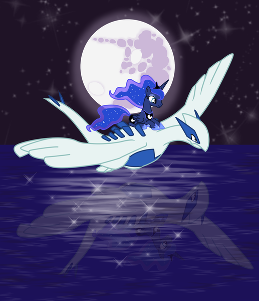 Size: 1440x1672 | Tagged: safe, artist:seaandsunshine, derpibooru import, princess luna, alicorn, lugia, pony, crossover, ethereal mane, female, flying, full moon, legendary pokémon, mare, mare in the moon, moon, night, pokémon, starry mane, vector