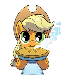 Size: 1987x2340 | Tagged: safe, artist:agnesgarbowska, derpibooru import, edit, idw, applejack, earth pony, pony, spoiler:comic, spoiler:comic72, apple, apple pie, applejack's hat, apron, background removed, clothes, cowboy hat, cropped, cute, female, food, hat, hoof hold, jackabetes, looking at you, mare, pie, simple background, solo, steam, stetson, transparent background