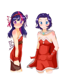 Size: 900x1088 | Tagged: alternate hairstyle, artist:applestems, blushing, cape, christmas, clothes, costume, derpibooru import, gloves, hearth's warming, holiday, human, humanized, rarity, ribbon, safe, santa costume, short hair, twilight sparkle