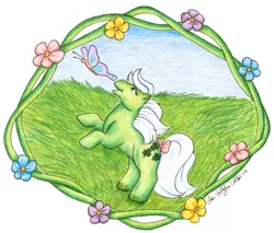 Size: 702x597 | Tagged: safe, artist:hollyann, derpibooru import, minty (g1), butterfly, pony, baby, baby minty, baby pony, bow, g1, solo, tail bow, traditional art