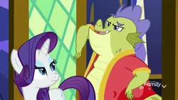 Size: 1920x1080 | Tagged: safe, derpibooru import, screencap, rarity, sludge (dragon), pony, father knows beast, clothes, punchable, rarity is not amused, robe, unamused