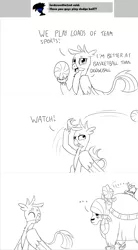 Size: 1280x2326 | Tagged: safe, artist:sintakhra, derpibooru import, gallus, yona, gryphon, yak, tumblr:studentsix, "best yak" trophy, ..., ask, award, ball, basketball, bow, deflated, monkey swings, monochrome, simple background, smiling, sports, this will end in pain, throw, tongue out, tumblr, unamused, white background, yona is not amused