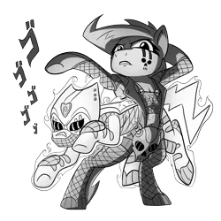 Size: 3000x3000 | Tagged: safe, artist:petirep, derpibooru import, oc, ponified, unofficial characters only, ghost, pony, undead, buck legacy, anime, armpits, bipedal, black and white, card art, colorless, crossover, fishnet clothing, grayscale, jojo pose, jojo's bizarre adventure, male, menacing, midriff, monochrome, parody, simple background, skull, solo, spirit, transparent background, ゴ ゴ ゴ