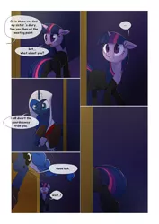 Size: 1024x1448 | Tagged: safe, artist:gashiboka, derpibooru import, princess luna, twilight sparkle, alicorn, pony, unicorn, comic:scar of solar, assassin's creed, bodysuit, butt, comic, female, mare, twibutt, unicorn twilight