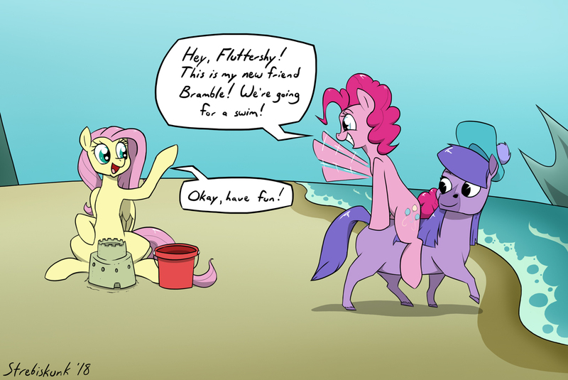 Size: 1630x1091 | Tagged: safe, artist:strebiskunk, derpibooru import, fluttershy, pinkie pie, earth pony, kelpie, pegasus, pony, andrea libman, beach, bramble (duck tales), comic, crossover, dialogue, duck tales, duck tales 2017, female, funny, mare, ponies riding ponies, riding, sand castle, seaside, speech bubble, text, this will end in death, this will end in friendship, this will end in pinkie antics, this will end in tears, this will end well, this will not end well, trio, voice actor joke