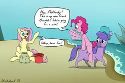 Size: 1630x1091 | Tagged: safe, artist:strebiskunk, derpibooru import, fluttershy, pinkie pie, earth pony, kelpie, pegasus, pony, andrea libman, beach, bramble (duck tales), comic, crossover, dialogue, duck tales, duck tales 2017, female, funny, mare, ponies riding ponies, riding, sand castle, seaside, speech bubble, text, this will end in death, this will end in friendship, this will end in pinkie antics, this will end in tears, this will end well, this will not end well, trio, voice actor joke