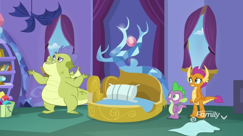 Size: 1920x1080 | Tagged: bed, bedroom, blanket, bucket, claws, confession, derpibooru import, dragon, father knows beast, fraud, impostor, pillow, pudgy, raised eyebrow, safe, screencap, sludge (dragon), smolder, spike, trio, window, winged spike