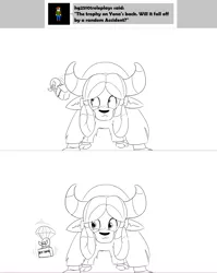 Size: 1280x1608 | Tagged: artist:sintakhra, ask, award, "best yak" trophy, bow, cloven hooves, derpibooru import, female, hair bow, monkey swings, monochrome, parachute, safe, solo, tumblr, tumblr:studentsix, yak, yona