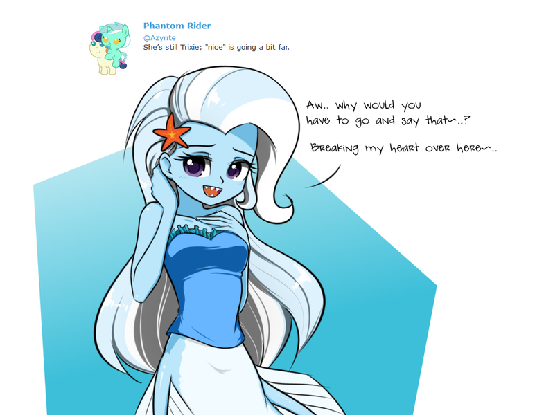 Size: 1000x752 | Tagged: safe, artist:twilite-sparkleplz, derpibooru import, trixie, mermaid, sunset's fantastic fishing, equestria girls, clothes, female, mermaidized, sharp teeth, smiling, solo, species swap, teeth