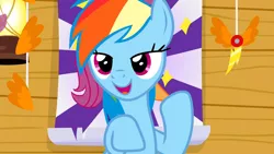 Size: 1920x1080 | Tagged: bedroom eyes, clubhouse, crusaders clubhouse, derpibooru import, poster, rainbow dash, safe, screencap, solo, the washouts (episode)