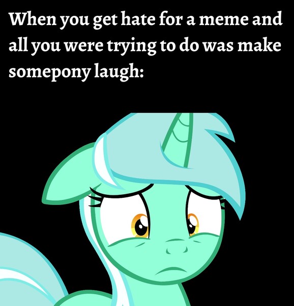 Size: 1073x1114 | Tagged: safe, artist:drip, derpibooru import, edit, editor:apex soundwave, lyra heartstrings, pony, unicorn, slice of life (episode), black background, caption, female, image macro, mare, meme, sad, simple background, solo, text, vector