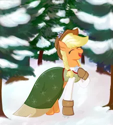 Size: 1381x1531 | Tagged: safe, artist:dyonys, derpibooru import, applejack, spirit of hearth's warming past, earth pony, pony, braid, clothes, dress, eyes closed, female, forest, hat, hearth's warming eve, mare, singing, winter