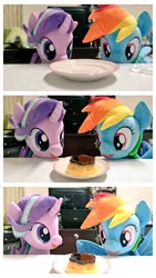 Size: 576x1024 | Tagged: safe, artist:nekokevin, derpibooru import, rainbow dash, starlight glimmer, pegasus, pony, unicorn, series:nekokevin's glimmy, duo, female, flan, food, holding, irl, looking at something, mare, open mouth, photo, plate, plushie, pudding, smiling, spoon, wing hands, wings