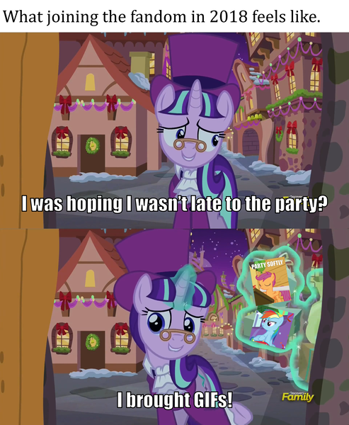 Size: 2000x2435 | Tagged: safe, derpibooru import, edit, edited screencap, screencap, rainbow dash, scootaloo, snowfall frost, starlight glimmer, pegasus, pony, unicorn, a hearth's warming tail, caption, discovery family logo, female, filly, hearth's warming eve, image macro, magic, mare, meme, pun, sheepish grin, snow, telekinesis, text