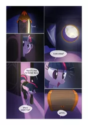 Size: 1024x1448 | Tagged: safe, artist:gashiboka, derpibooru import, twilight sparkle, pony, unicorn, comic:scar of solar, assassin's creed, bodysuit, canterlot castle, chest, clothes, comic, female, full moon, mare, moon, unicorn twilight