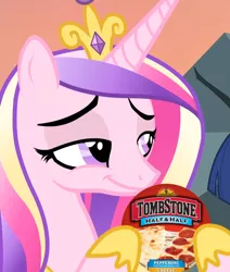 Size: 914x1080 | Tagged: safe, derpibooru import, edit, edited screencap, screencap, princess cadance, twilight sparkle, pony, three's a crowd, cadance's pizza delivery, cheap, cheese, cropped, crown, food, holding, image, jewelry, meat, meme, offscreen character, peetzer, pepperoni, pepperoni pizza, pizza, png, ponies eating meat, regalia, smiling, smirk, smug, solo, that pony sure does love pizza