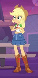 Size: 462x941 | Tagged: safe, derpibooru import, screencap, applejack, equestria girls, equestria girls series, rollercoaster of friendship, applejack's hat, boots, clothes, cowboy boots, cowboy hat, denim skirt, female, freckles, geode of super strength, hat, magical geodes, shoes, skirt, solo, stetson