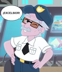 Size: 860x1009 | Tagged: safe, derpibooru import, edit, edited screencap, screencap, lily pad (equestria girls), stanley excelsior, victoria, equestria girls, equestria girls series, rollercoaster of friendship, rest in peace, security guard, stan lee