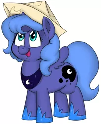 Size: 870x1066 | Tagged: safe, artist:hardway bet, artist:hardwaybet, derpibooru import, princess luna, alicorn, pony, moonstuck, cartographer's cap, cutie mark, fanart, female, filly, hat, jewelry, open mouth, regalia, simple background, solo, white background, woona, younger