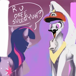 Size: 600x600 | Tagged: artist:aphexangel, cap, clothes, cosplay, costume, derpibooru import, facial hair, hat, mario, mario's hat, moustache, nintendo, parody, princess celestia, safe, super mario 64, super mario bros., twilight sparkle