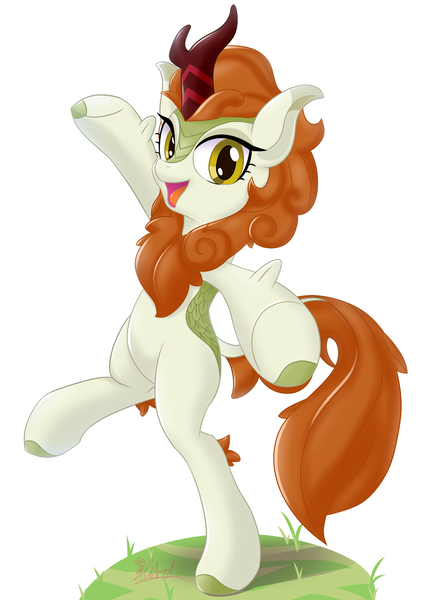 Size: 1447x2047 | Tagged: artist:棘有棘無棘棘, autumn blaze, bipedal, derpibooru import, female, kirin, looking at you, open mouth, safe, signature, simple background, smiling, solo, sounds of silence, white background