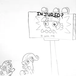 Size: 1280x1280 | Tagged: safe, artist:tjpones, derpibooru import, fluttershy, twilight sparkle, twilight sparkle (alicorn), alicorn, pegasus, pony, sparkles! the wonder horse!, behind you, billboard, female, gun, imminent death, lineart, mare, meme, monochrome, sketch, traditional art, weapon