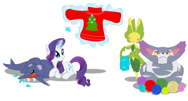 Size: 2436x1305 | Tagged: safe, artist:seaandsunshine, derpibooru import, rarity, gabite, leavanny, pony, purugly, unicorn, clothes, crossover, female, gem, magic, mare, pokémon, prone, simple background, sweater, telekinesis, transparent background, vector, yarn, yarn ball