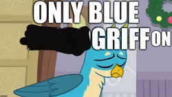 Size: 1280x720 | Tagged: safe, derpibooru import, edit, edited edit, edited screencap, screencap, gallus, gryphon, the hearth's warming club, caption, critical research failure, fixed, ftfy, image macro, meme, mistakes were made, sad, text, wat