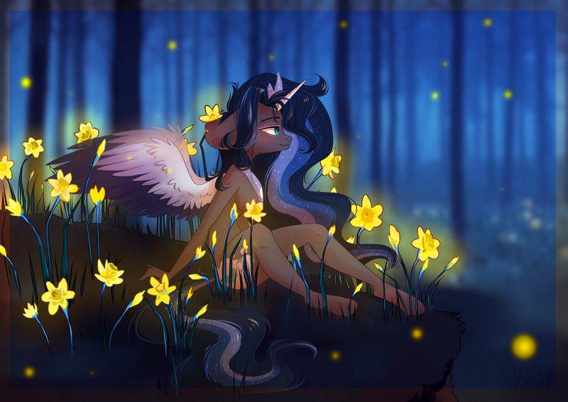Size: 3508x2480 | Tagged: alicorn, anthro, artist:shiro-roo, breasts, commission, crown, derpibooru import, female, firefly (insect), flower, forest, insect, jewelry, magical lesbian spawn, night, nudity, oc, oc:illumini, offspring, parent:nightmare moon, parent:princess celestia, parents:mooncest, product of incest, regalia, smiling, solo, strategically covered, suggestive, unguligrade anthro, ych result