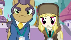Size: 1440x809 | Tagged: safe, derpibooru import, screencap, joe pescolt, march gustysnows, earth pony, pony, princess spike (episode), clothes, duo, female, frown, hat, jacket, male, mare, name tag, necktie, stallion