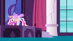 Size: 1440x806 | Tagged: safe, derpibooru import, screencap, princess cadance, alicorn, pony, princess spike (episode), behaving like a dog, colored wings, crouching, female, gradient wings, mare, water, wet, wet mane, wet-dog shake, wings