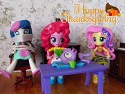 Size: 1600x1200 | Tagged: safe, artist:whatthehell!?, derpibooru import, bon bon, fluttershy, pinkie pie, spike, sweetie drops, dog, equestria girls, chair, clothes, dead, dinner, doll, equestria girls minis, female, food, holiday, irl, kitchen, kitchen furniture, knife, male, parody, photo, rope, shoes, skirt, spike the dog, stove, table, thanksgiving, tied up, toy, x eyes
